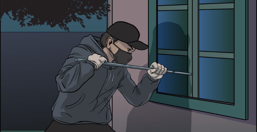 Illustration of burglar forcing entry through a window in Oceanside